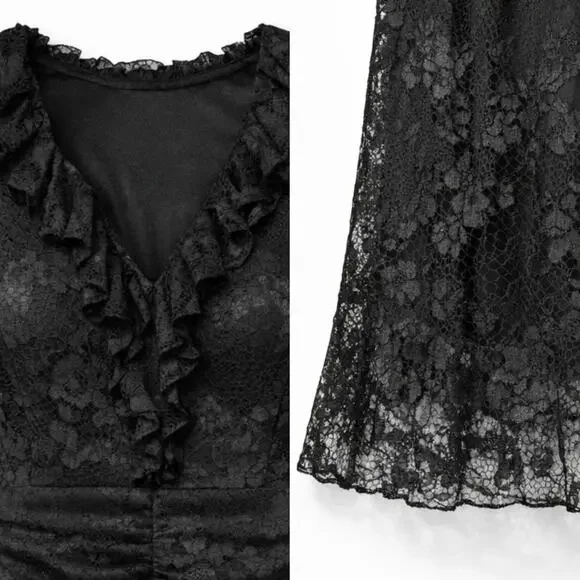 Alexis Lucasta Black Lace Maxi Dress L Ruched Sheer Gothic Victorian Romance EUC - Picture 6 of 8